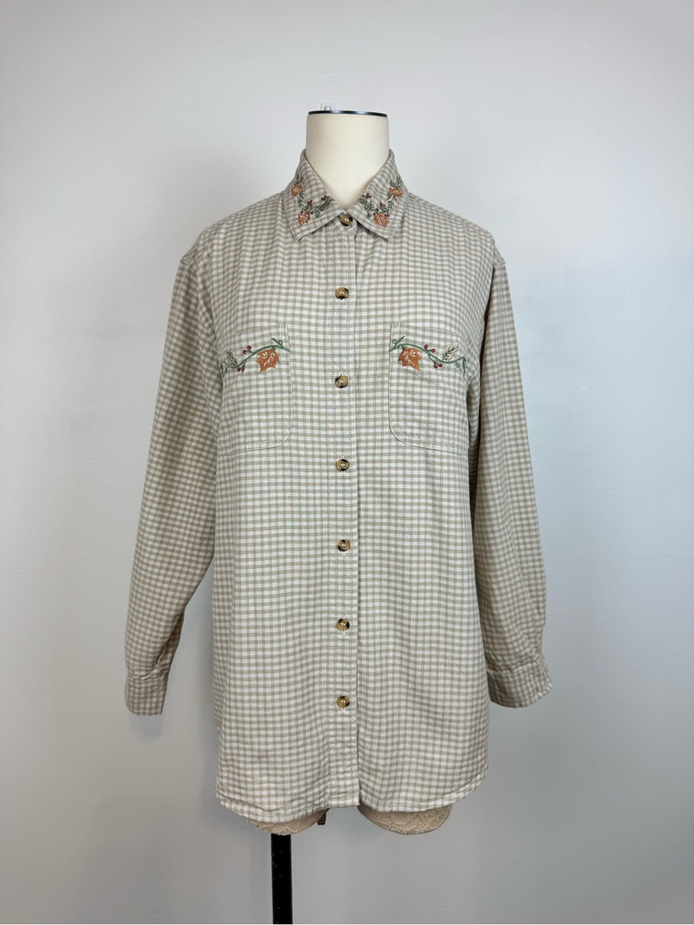 Cottagecore Erika Casuals Gingham Vine Embroidered Collar Cotton Polo size Small